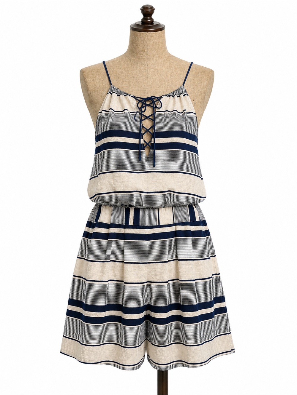 HYFVE Navy and Cream Striped Lace-Up Romper